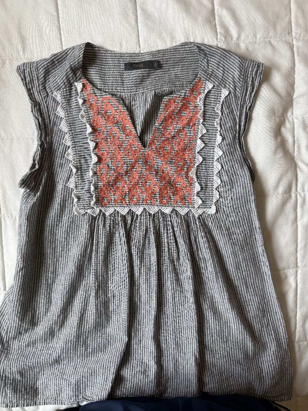 THML Gray Stripe Embroidered Boho Blouse Lace Trim Size Small